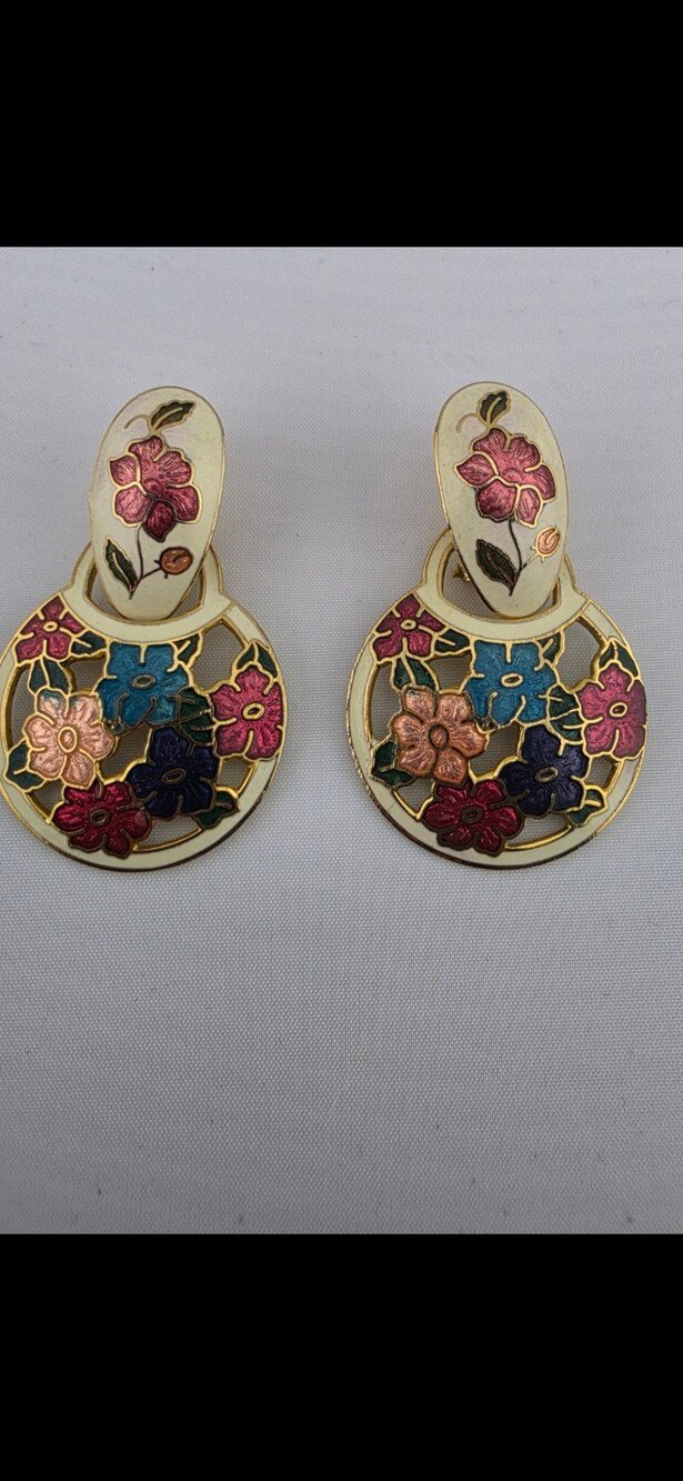 Vtg 70s Cloisonne Enamel Flower Hoop Statement Dangle Earrings [Clip On / Post]